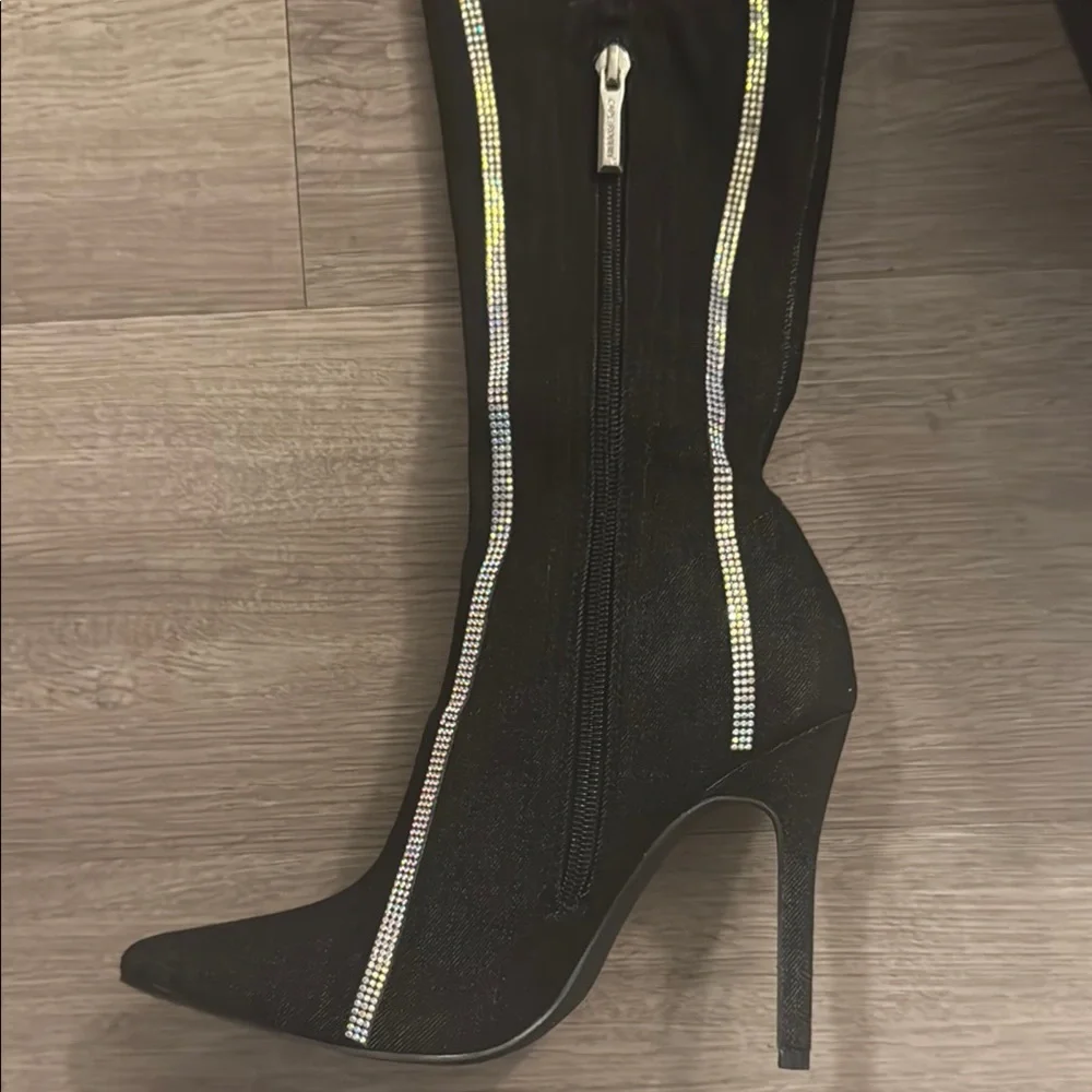 Cape Robbin🔥Black Stiletto Heel Rhinestone Striped Thigh Denim Boots for Women
